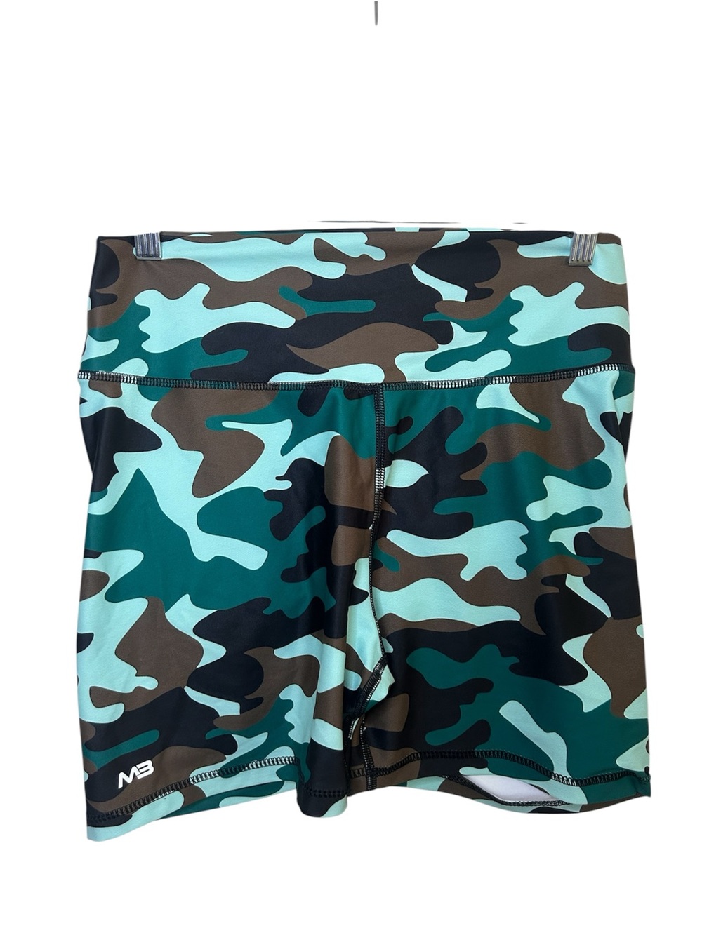 Mini Beast Camo Teal Brown Active Gym Work Out Womens Shorts XL Weight Lift